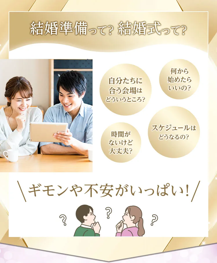 結婚準備って？結婚式って？ 何から始めたらいいの？自分たちに合う会場はどういうところ？スケジュールはどうなるの？時間がないけど大丈夫？ギモンや不安がいっぱい！