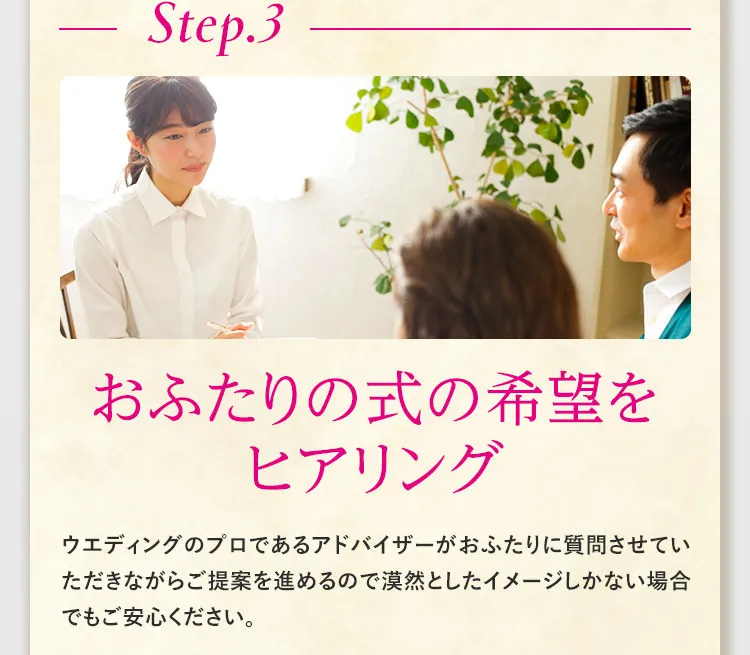 Step.3おふたりの式の希望をヒアリング ウエディングのプロであるアドバイザーがおふたりに質問させていただきながらご提案を進めるので漠然としたイメージしかない場合でもご安心ください。