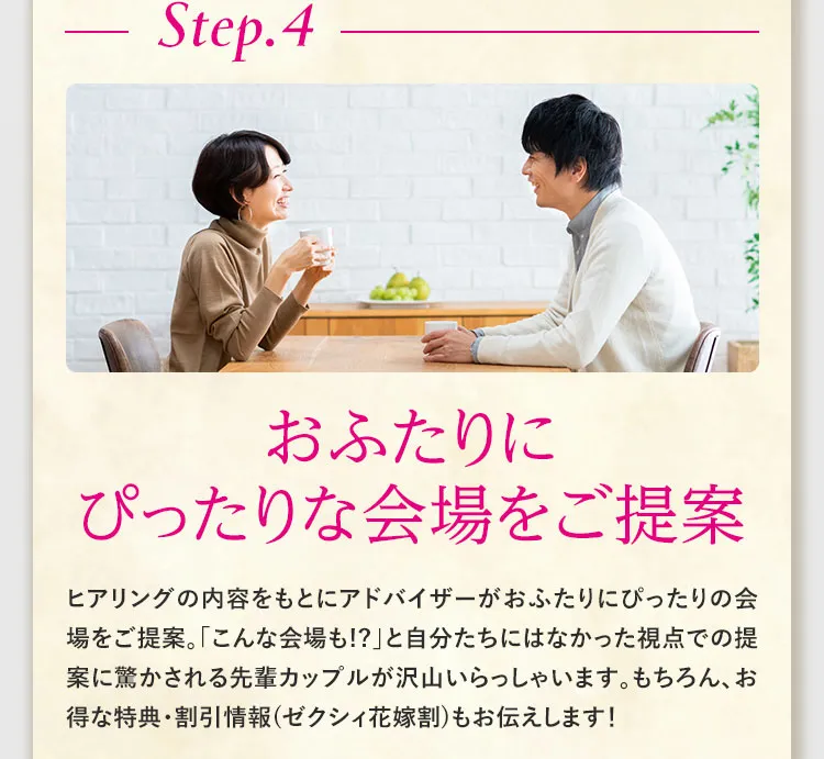 Step.4おふたりにぴったりな会場をご提案 ヒアリングの内容をもとにアドバイザーがおふたりにぴったりの会場をご提案。「こんな会場も!?」と自分たちにはなかった視点での提案に驚かされる先輩カップルが沢山いらっしゃいます。もちろん、お得な特典・割引情報(ゼクシィ花嫁割)もお伝えします！