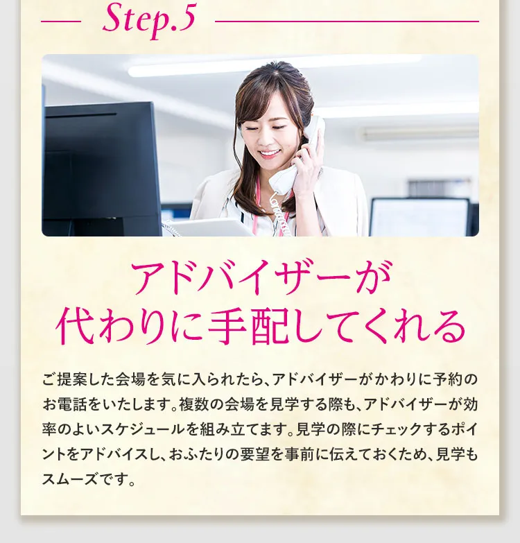 Step.5アドバイザーが代わりに手配してくれる ご提案した会場を気に入られたら、アドバイザーがかわりに予約のお電話をいたします。複数の会場を見学する際も、アドバイザーが効率のよいスケジュールを組み立てます。見学の際にチェックするポイントをアドバイスし、おふたりの要望を事前に伝えておくため、見学もスムーズです。